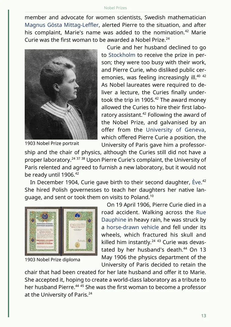 Sample page of the Marie Curie article rendered as a PDF in the Spring style